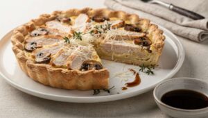 Quiche au poulet rôti et champignons à la béchamel légère : recette gourmande
