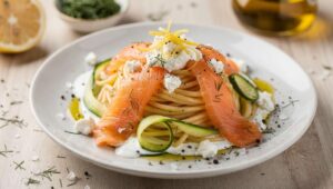Spaghettis Courgettes et Saumon Fumé : sauce au Chèvre Frais