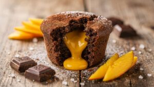 Gâteau léger au chocolat et cœur coulant à la mangue