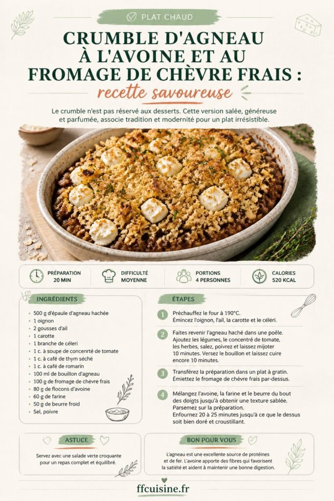 pinterest — crumble d'agneau à l'avoine et au fromage de chèvre frais : recette savoureuse