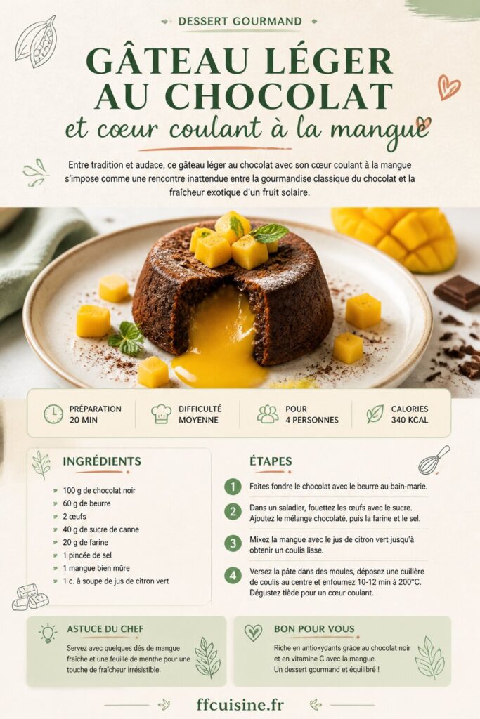 pinterest — gâteau léger au chocolat et cœur coulant à la mangue