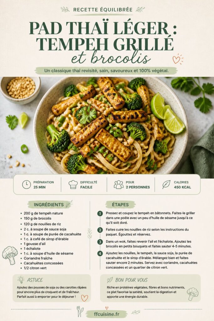 pinterest — pad thaï léger : tempeh grillé et brocolis