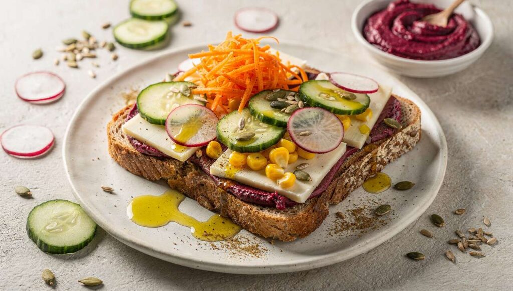Sandwich léger aux crudités sur tartinade de betterave
