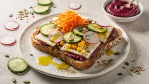 Sandwich léger aux crudités sur tartinade de betterave