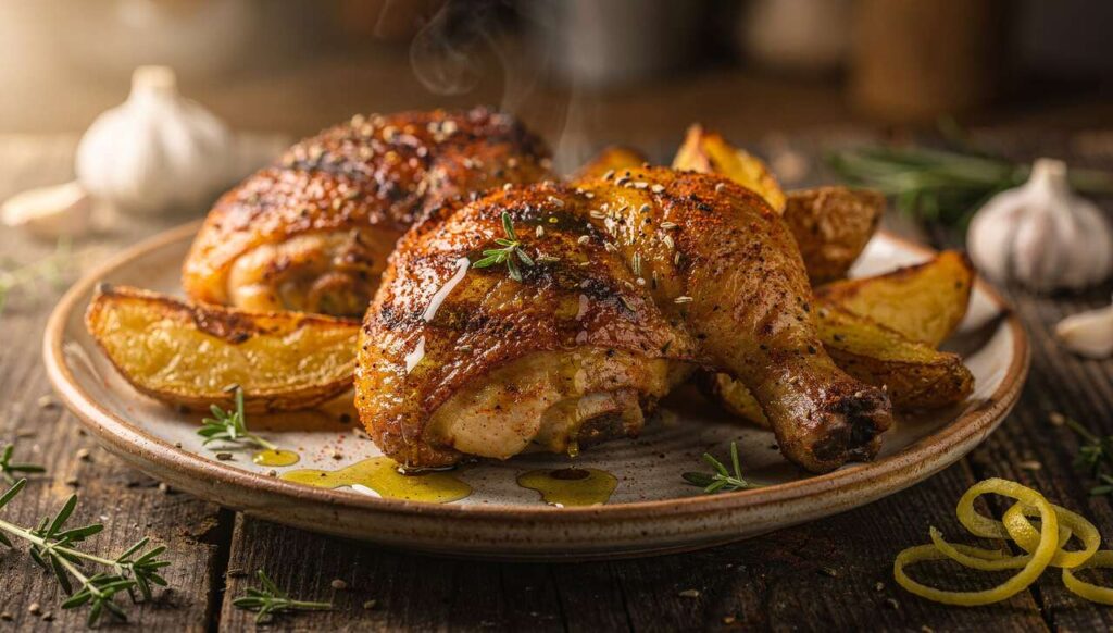 Cuisses de poulet et pommes de terre rôties : déjeuner léger au four