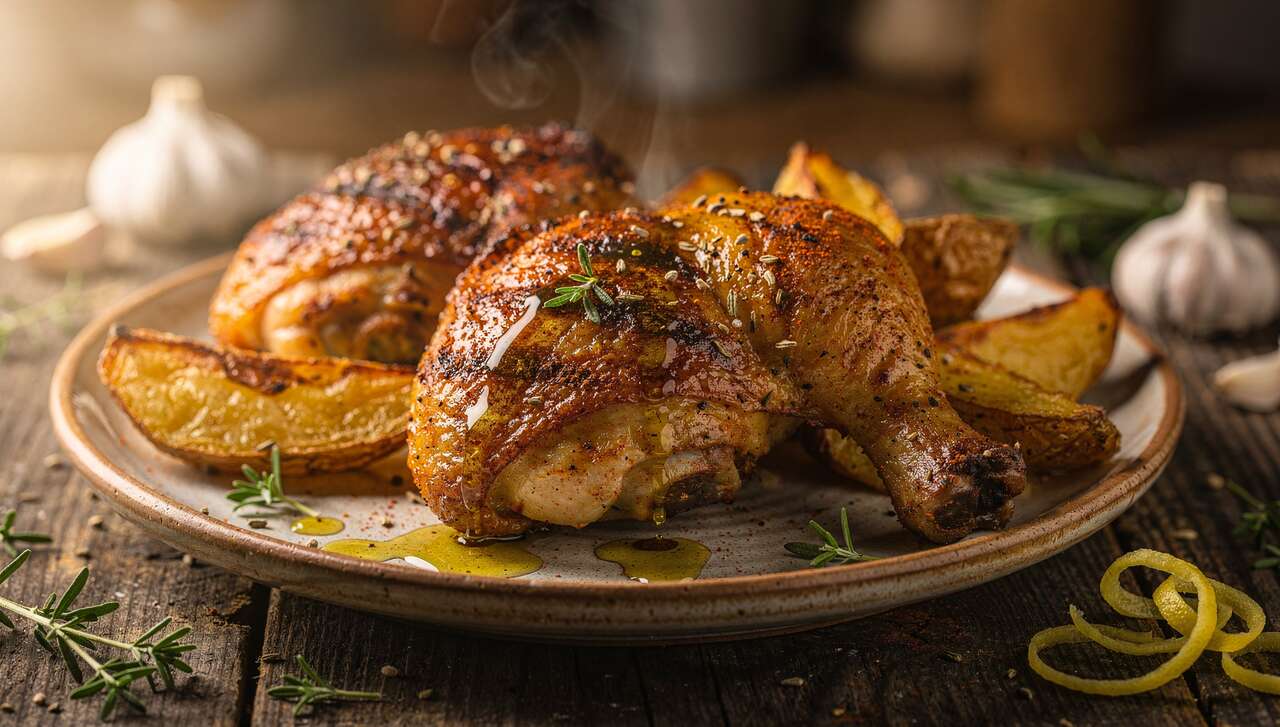 Cuisses de poulet et pommes de terre rôties : déjeuner léger au four