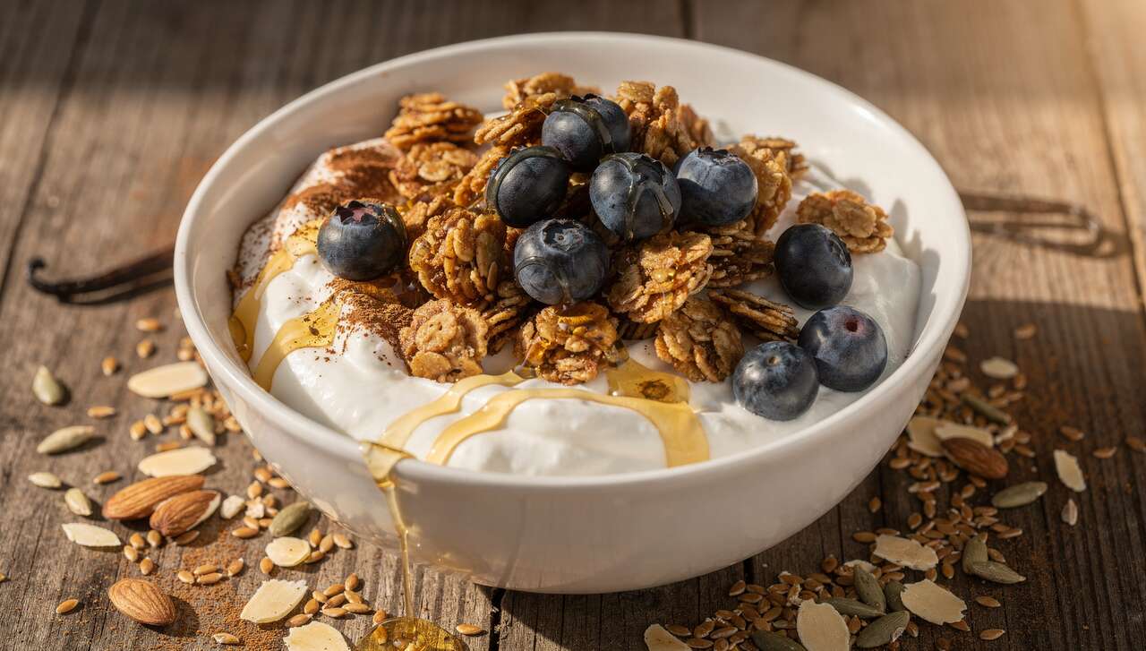 Granola léger : myrtille et fromage blanc pour un petit déjeuner sain