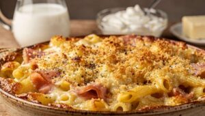 Gratin de macaroni au fromage de brebis et jambon