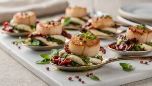 Cuillères de Saint-Jacques à la tomate séchée et fromage frais au pesto