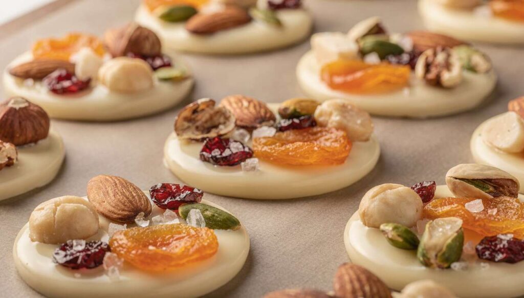 Mendiants légers : fruits secs et chocolat blanc