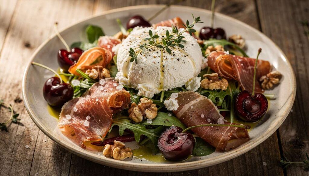Salade au Fromage de Brebis, cerises et Viande des Grisons : recette Savoureuse