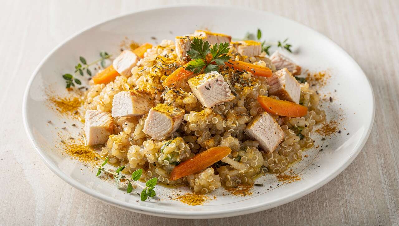 Risotto de quinoa light : carottes et poulet pour déjeuner léger