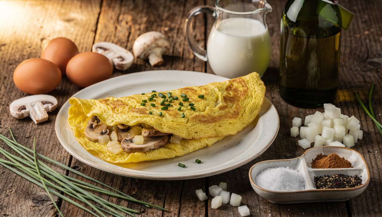 Omelette légère aux champignons, oignons et ciboulette