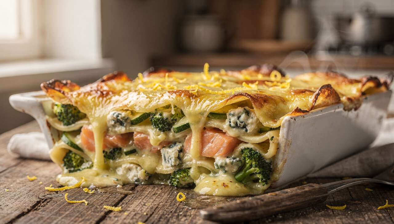 Lasagnes au Bleu, saumon, brocolis et Courgette