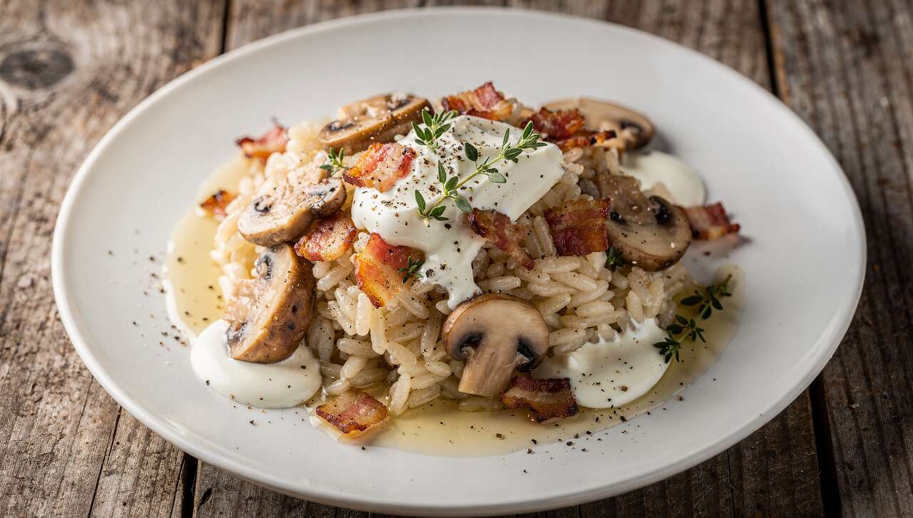 Riz en sauce champignons-lardons et fromage frais