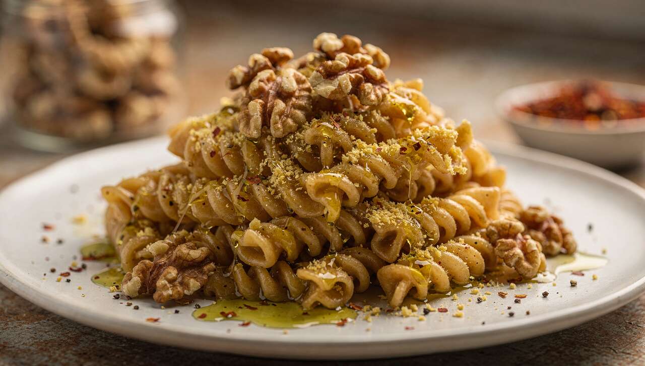 Pâtes folles en sauce légère à l'ail et aux noix : recette savoureuse