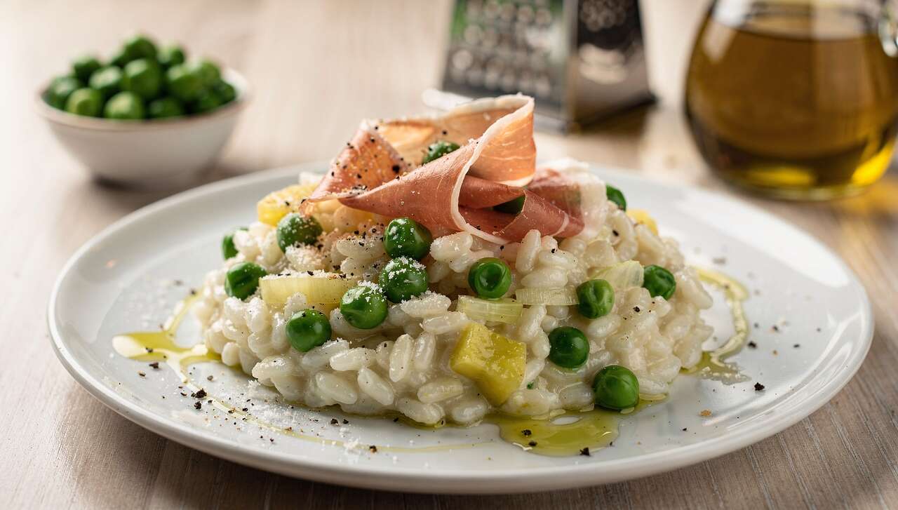 Risotto léger au jambon cru et petits pois : recette facile et savoureuse