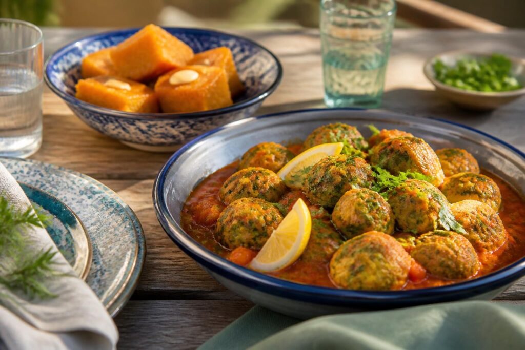 Boulettes de poisson à la marocaine en sauce tomate épicée avec coriandre fraîche, servies dans un plat en terre cuite, et basboussa au sirop de fleur d'oranger garnie d'amandes effilées