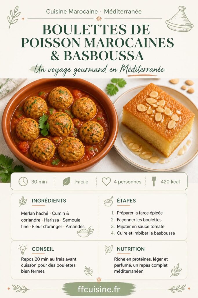 Boulettes de poisson à la marocaine en sauce tomate épicée et basboussa au sirop de fleur d'oranger, deux recettes méditerranéennes