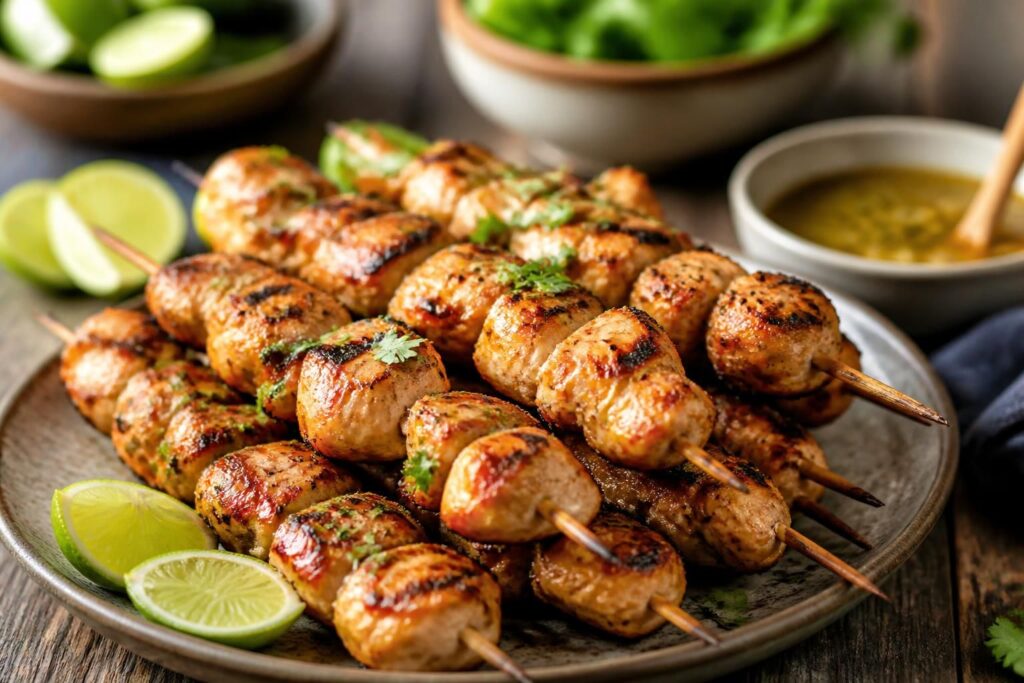 Brochettes de poulet marinées au miel et citron vert, caramélisées sur la grille du barbecue, avec des graines de sésame et des herbes fraîches
