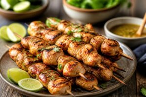 Brochettes de poulet marinées au miel et citron vert, caramélisées sur la grille du barbecue, avec des graines de sésame et des herbes fraîches