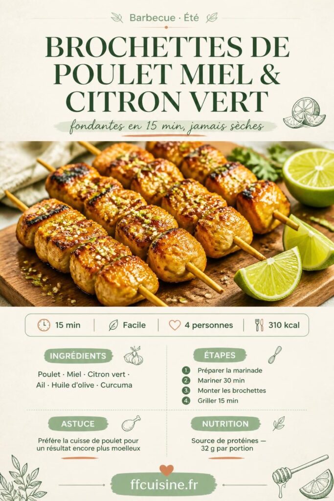 Brochettes de poulet miel citron vert caramélisées sur le barbecue, parsemées de graines de sésame
