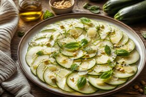 Carpaccio de courgettes crues en tranches fines, arrosé d'huile d'olive et de jus de citron, garni de copeaux de parmesan et de feuilles de basilic frais, servi dans une assiette blanche sur fond de bois clair