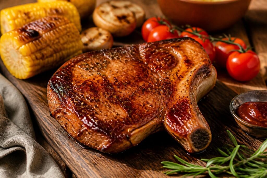 Côtes de porc grillées au barbecue, posées sur la grille avec des marques de cuisson, accompagnées d'herbes fraîches et d'une marinade miel-moutarde