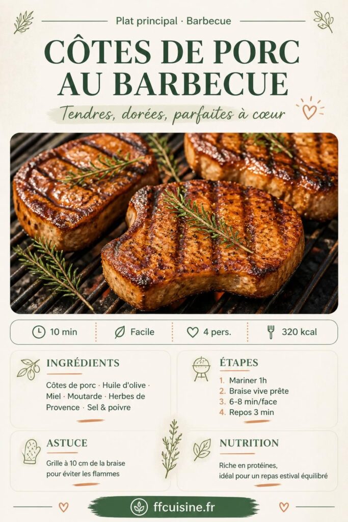 Côtes de porc grillées au barbecue, marinade miel-moutarde, fiche recette Pinterest ffcuisine.fr