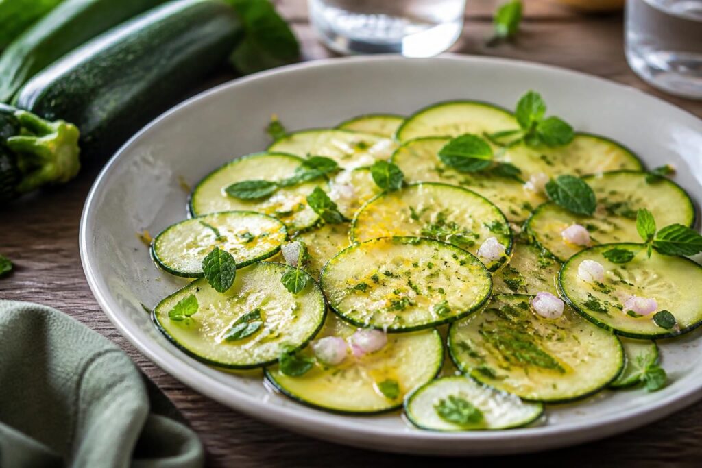 Assiette de courgettes marinées en tranches fines, nappées d'huile d'olive et parsemées de menthe fraîche et de basilic, servies en entrée estivale