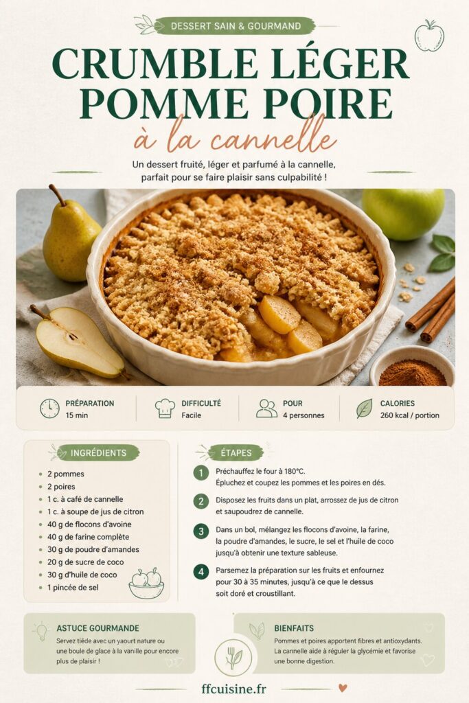 pinterest — crumble léger pomme poire à la cannelle : recette facile et savoureuse