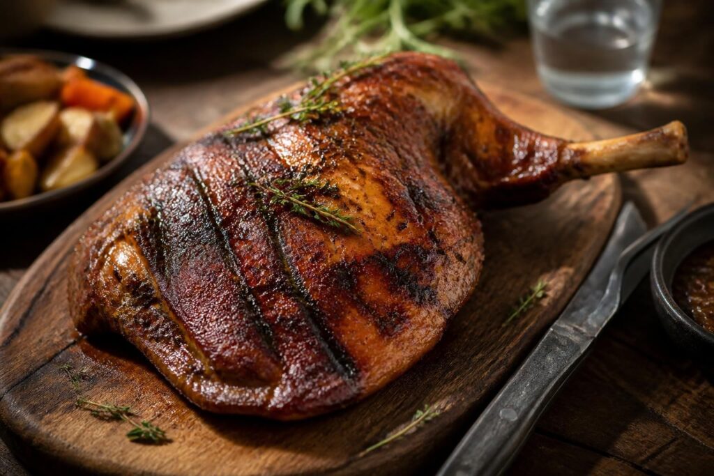 Cuissot de porcelet au barbecue, peau dorée et craquante, posé sur une grille avec des herbes fraîches et des gousses d'ail rôties