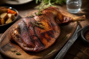 Cuissot de porcelet au barbecue, peau dorée et craquante, posé sur une grille avec des herbes fraîches et des gousses d'ail rôties