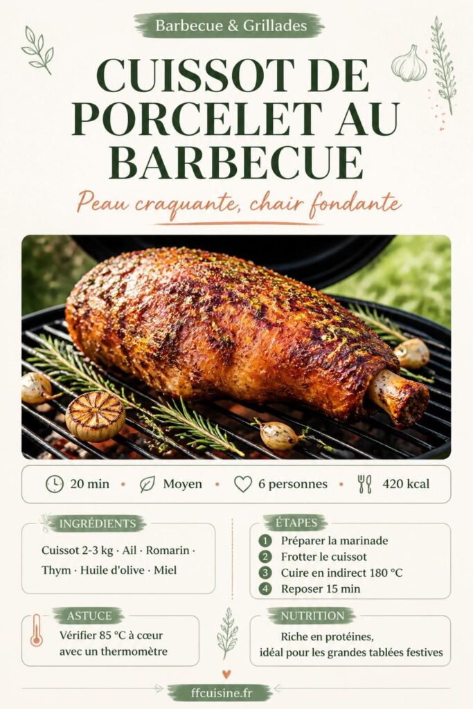 Cuissot de porcelet au barbecue, peau dorée craquante avec romarin et ail grillé