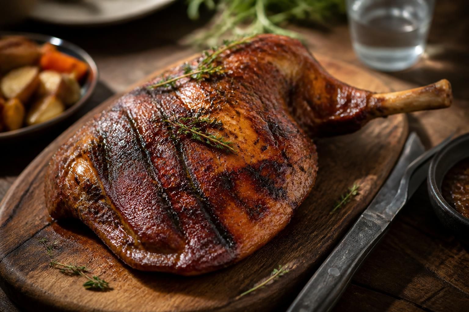 Cuissot de porcelet au barbecue, peau dorée et craquante, posé sur une grille avec des herbes fraîches et des gousses d'ail rôties
