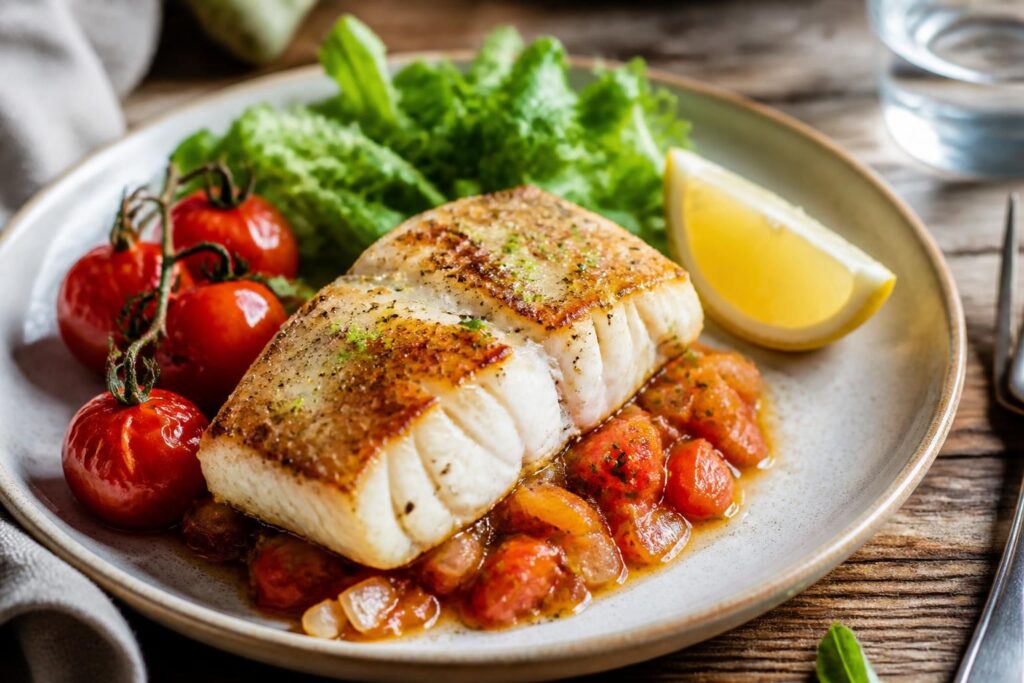 Dos de cabillaud à la poêle, chair nacrée et moelleuse, servi avec un filet de citron et du beurre fondu
