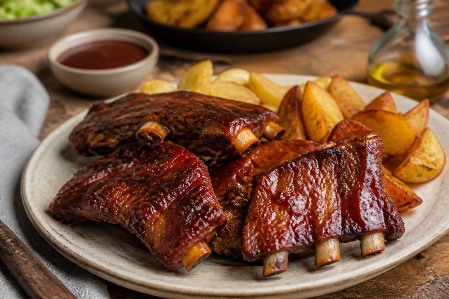 Échine de porc sauce barbecue confite au four, effilochée et laquée, servie dans un plat en fonte avec une sauce barbecue maison brillante