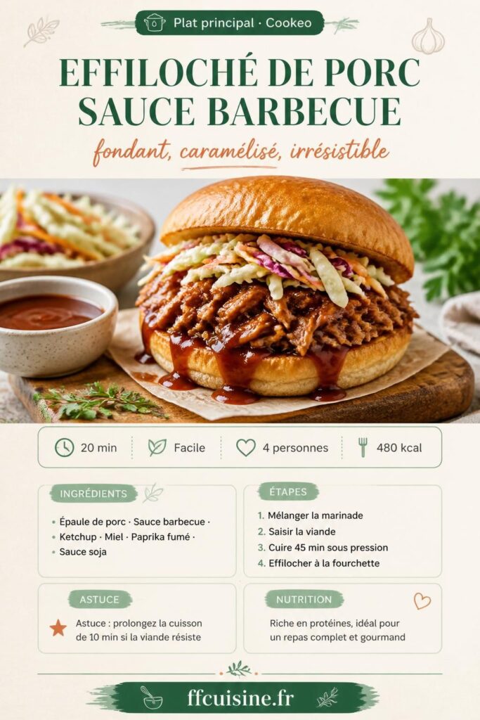 Effiloché de porc au Cookeo sauce barbecue maison, viande fondante effilochée dans un pain brioché