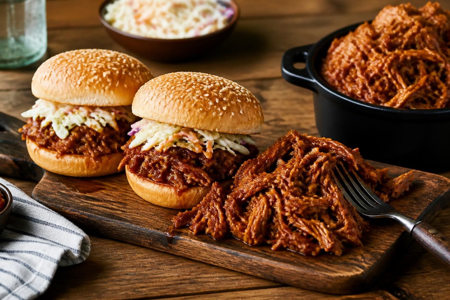 Effiloché de porc au Cookeo servi avec sauce barbecue maison dans un bol en bois, viande effilochée et caramélisée
