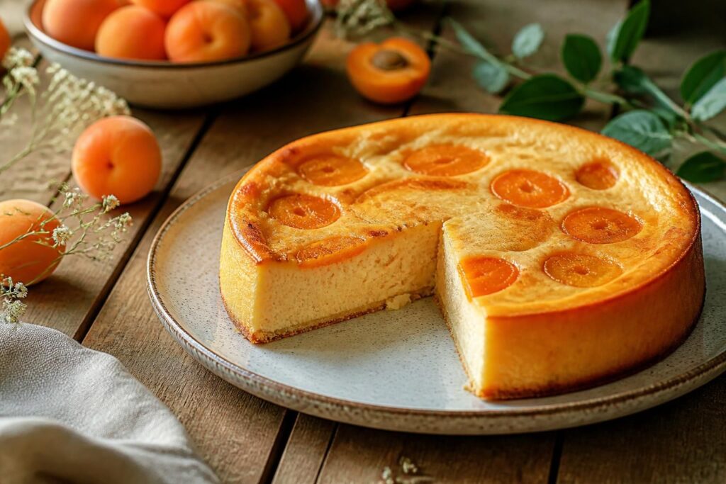 Flan aux abricots léger et protéiné dans un moule rond, parsemé de demi-abricots dorés, photographié en lumière naturelle sur une surface en bois clair