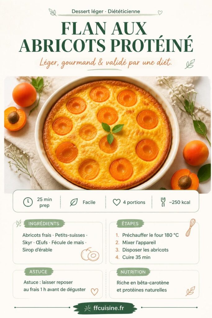 Flan aux abricots léger et protéiné, recette diététicienne, sur fond en bois clair