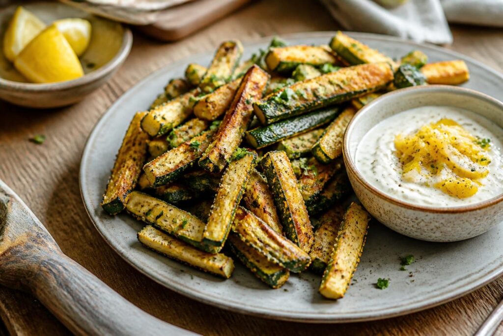 Frites de courgettes croustillantes dorées au parmesan et panko, servies avec une sauce yaourt au citron confit, menthe et basilic, sur une planche en bois