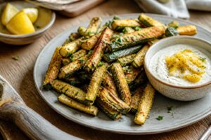 Frites de courgettes croustillantes dorées au parmesan et panko, servies avec une sauce yaourt au citron confit, menthe et basilic, sur une planche en bois