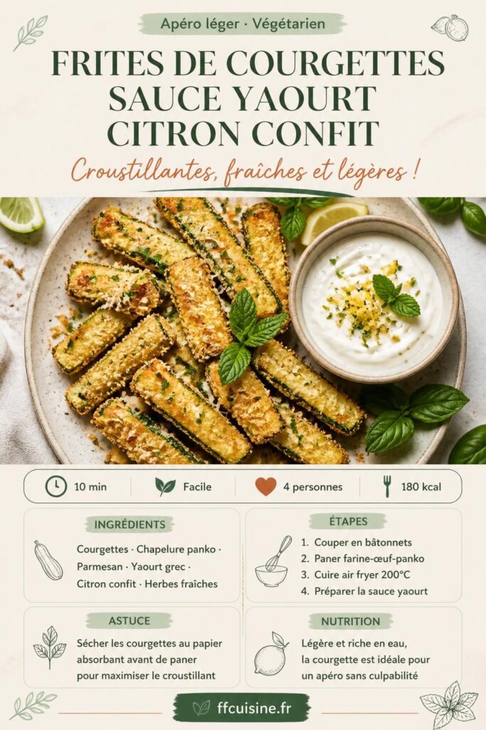 Frites de courgettes croustillantes dorées au parmesan et chapelure panko, avec sauce yaourt citron confit et herbes fraîches