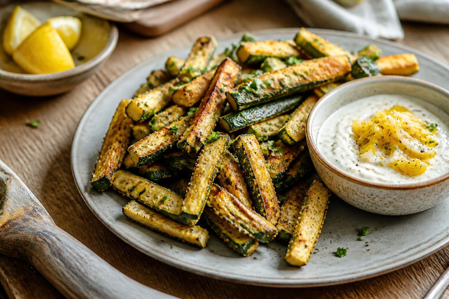 Frites de courgettes croustillantes dorées au parmesan et panko, servies avec une sauce yaourt au citron confit, menthe et basilic, sur une planche en bois