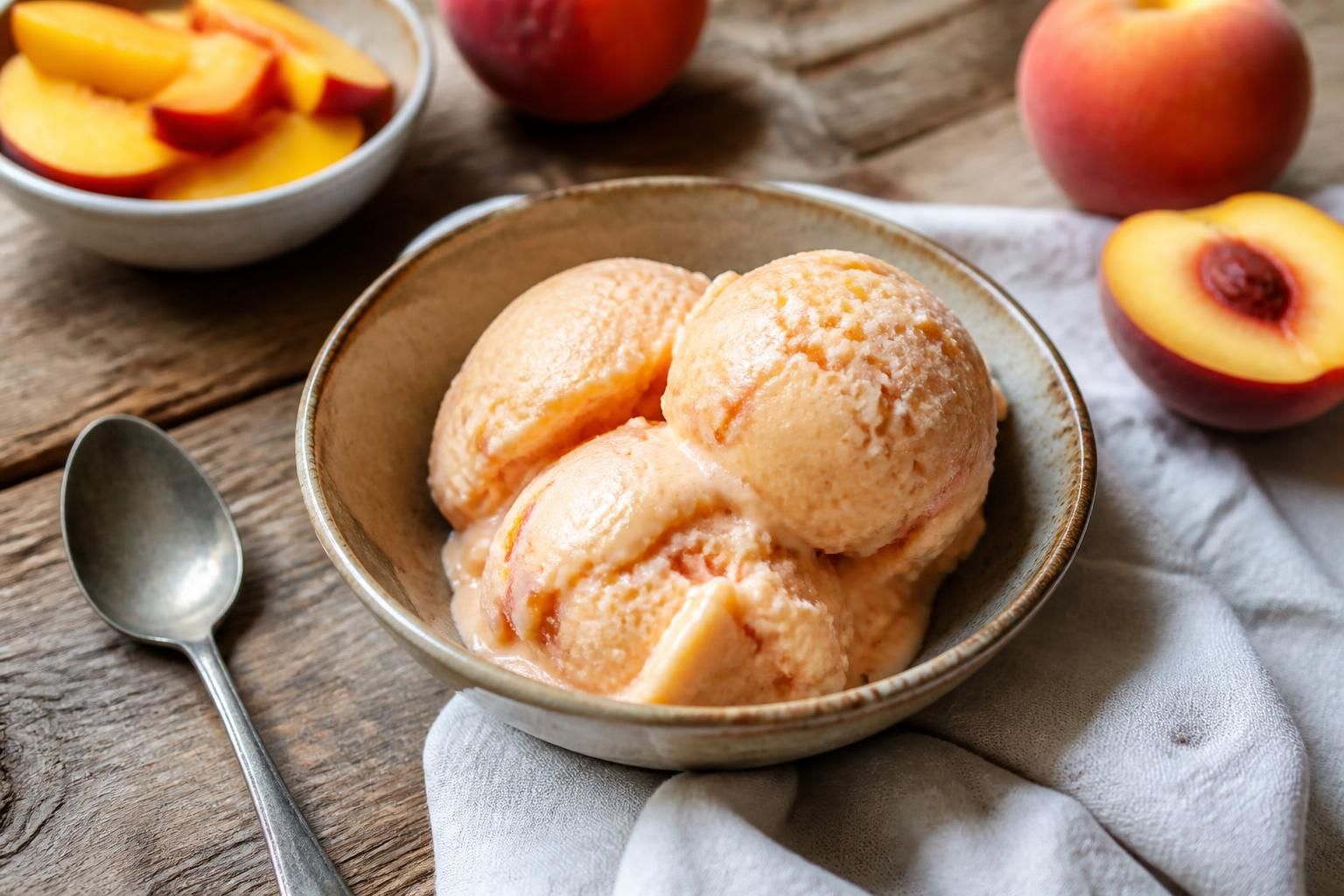 Glace pêche-yaourt maison sans sorbetière, servie dans une coupe transparente avec des tranches de pêche fraîche et des feuilles de menthe