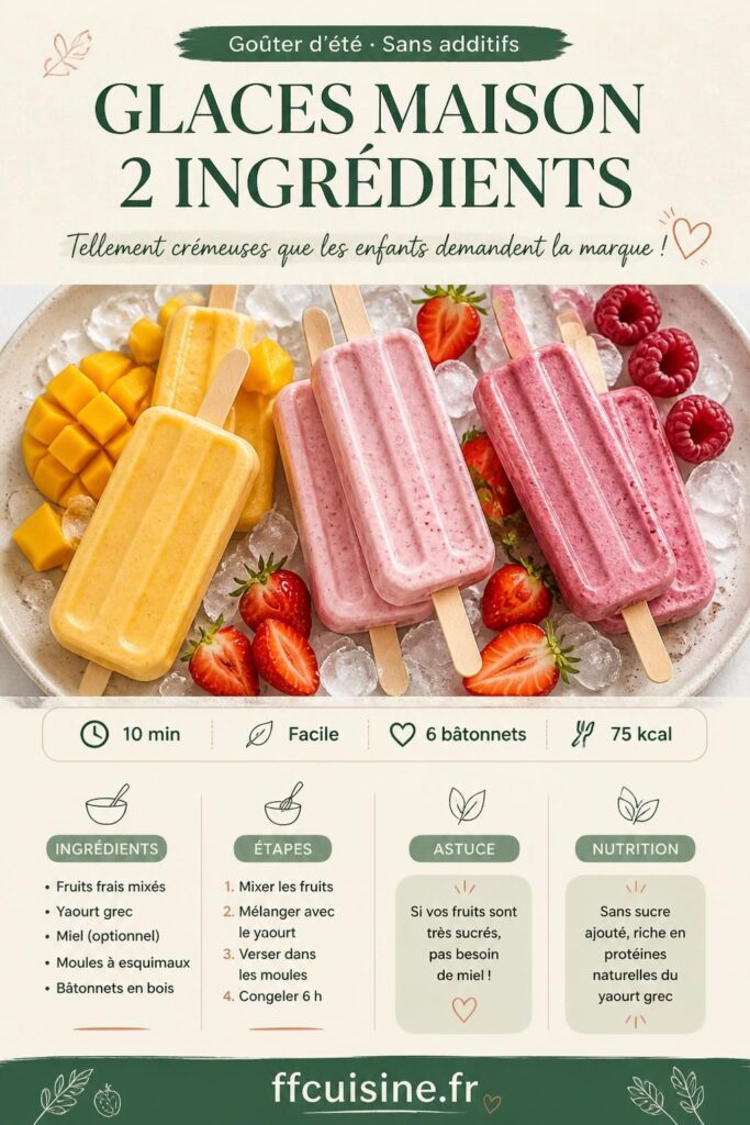 Glaces maison 2 ingrédients aux fruits et yaourt grec dans des moules colorés, bâtonnets en bois sur glace pilée