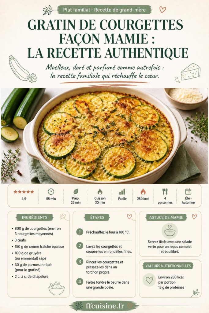 Gratin de courgettes façon mamie dans un plat en terre cuite, gratiné doré au four