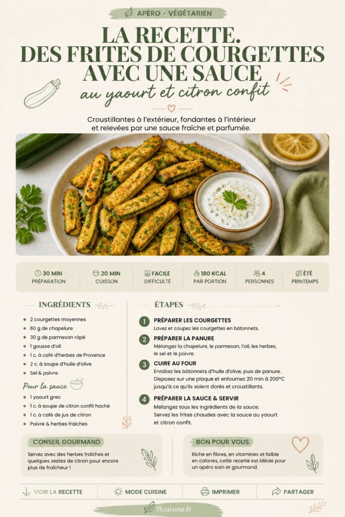 pinterest — la recette. des frites de courgettes avec une sauce au yaourt et citron confit