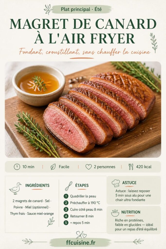 Magret de canard à l'air fryer tranché, peau croustillante dorée et chair rosée fondante, sur planche en bois avec thym frais